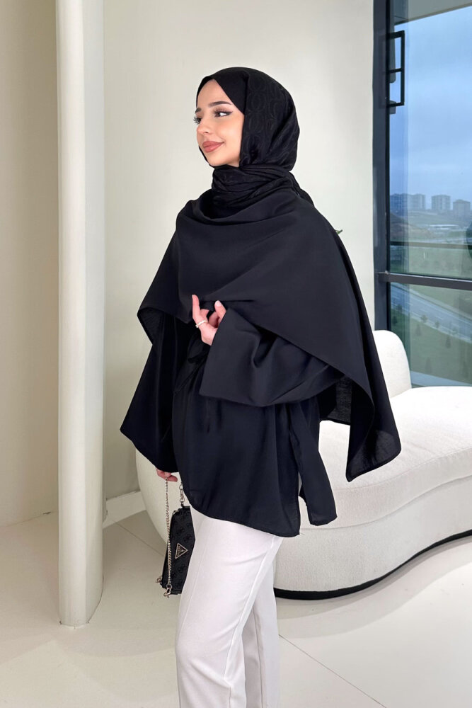 Şal Detaylı Yırtmaçlı Bluz - Siyah - 1