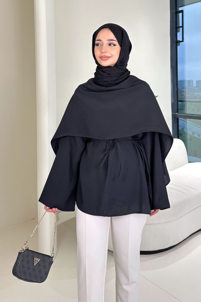 Şal Detaylı Yırtmaçlı Bluz - Siyah - 3