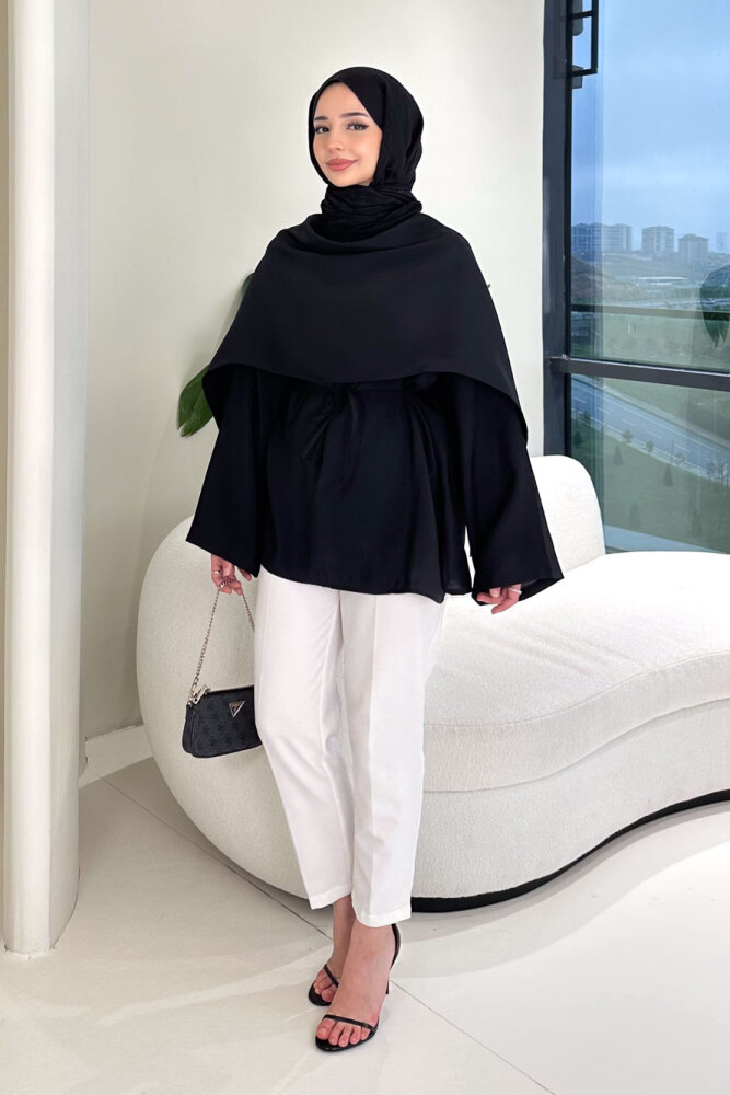 Şal Detaylı Yırtmaçlı Bluz - Siyah - 5