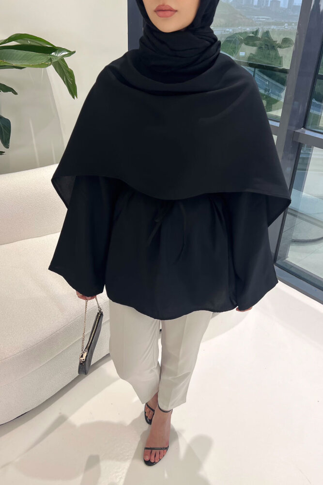 Şal Detaylı Yırtmaçlı Bluz - Siyah - 4