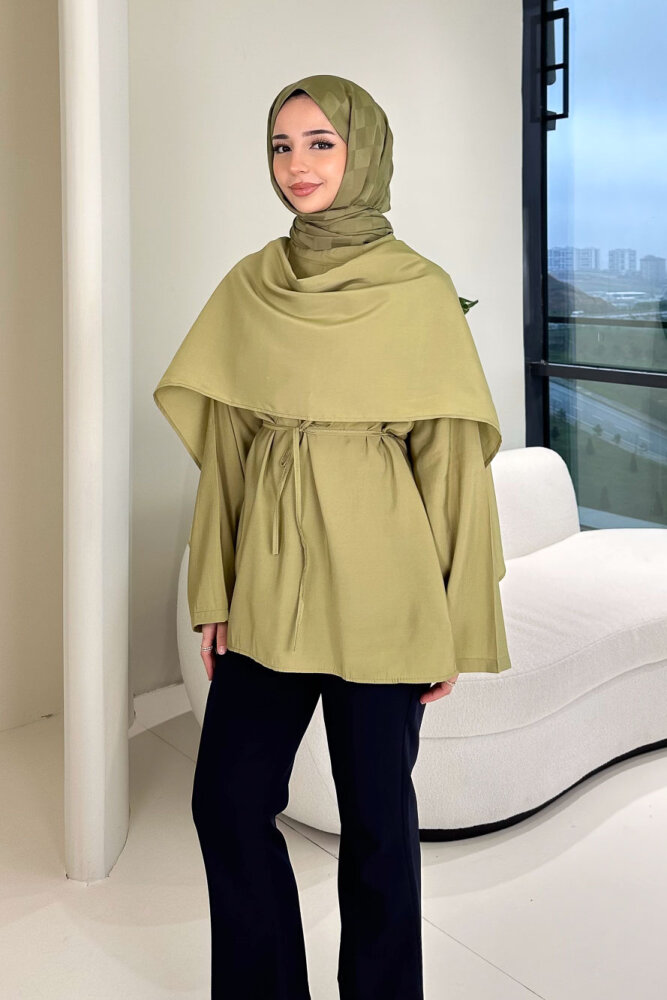 Şal Detaylı Yırtmaçlı Bluz - Yeşil - 6