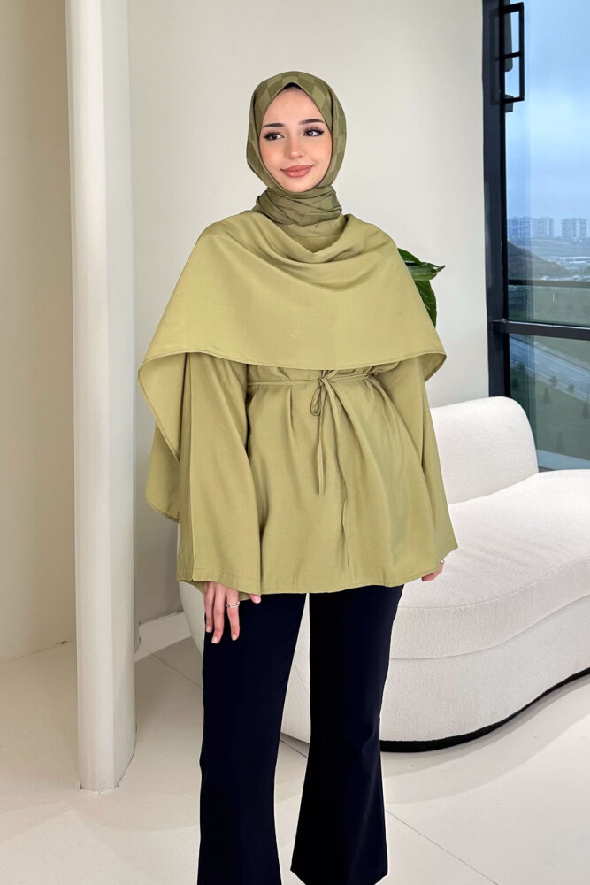 Şal Detaylı Yırtmaçlı Bluz - Yeşil - 3