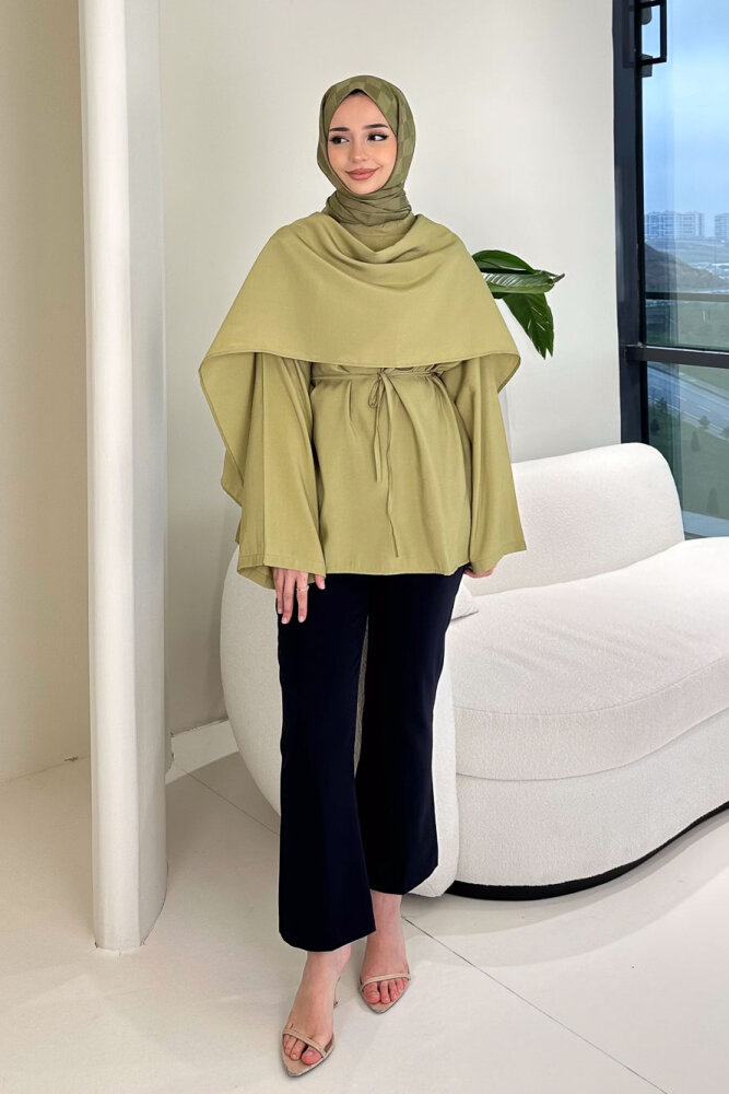 Şal Detaylı Yırtmaçlı Bluz - Yeşil - ENMA (1)