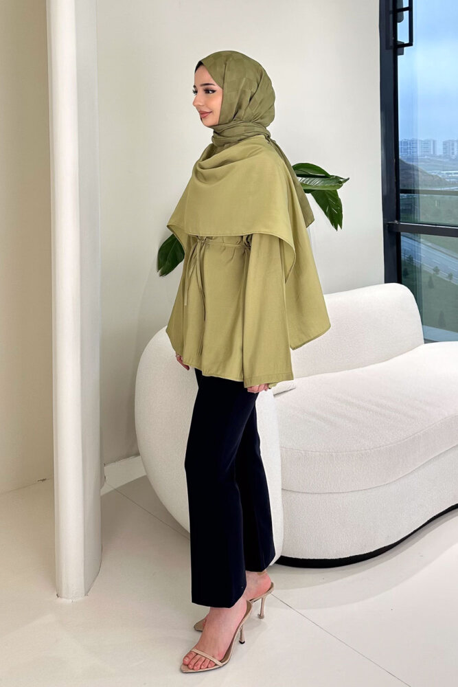 Şal Detaylı Yırtmaçlı Bluz - Yeşil - 5