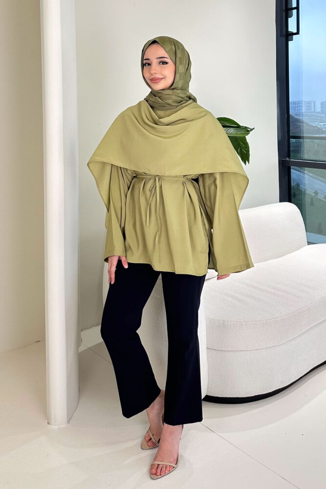 Şal Detaylı Yırtmaçlı Bluz - Yeşil - ENMA (0)