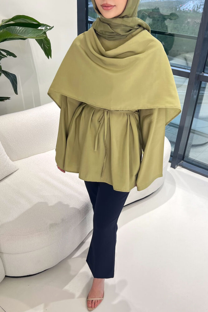 Şal Detaylı Yırtmaçlı Bluz - Yeşil - ENMA (3)