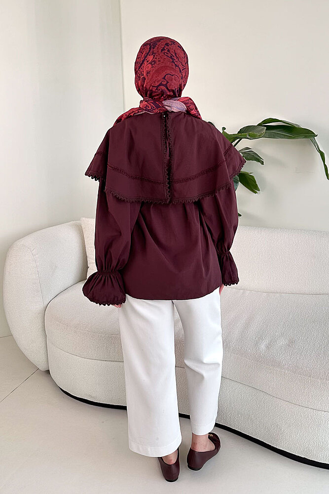 Şal Yaka Dantel Detaylı Gömlek - Bordo - ENMA (5)