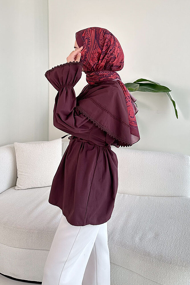 Şal Yaka Dantel Detaylı Gömlek - Bordo - ENMA (4)