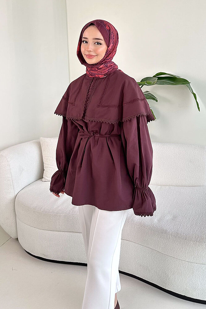 Şal Yaka Dantel Detaylı Gömlek - Bordo - ENMA (1)