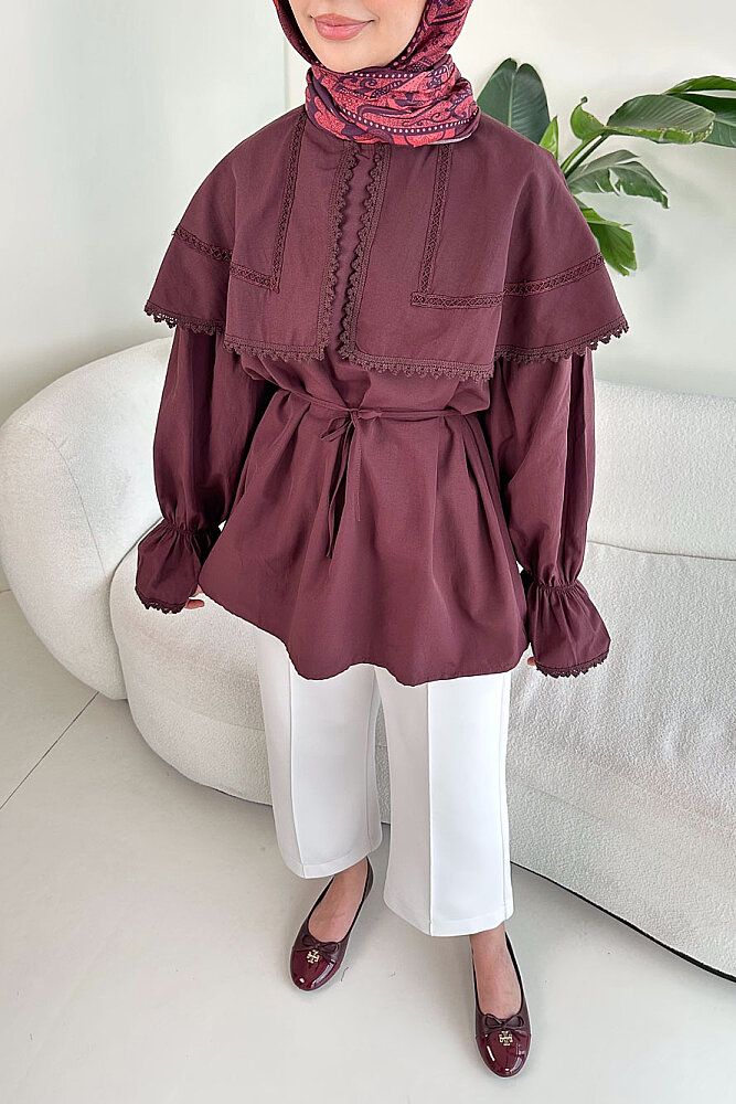Şal Yaka Dantel Detaylı Gömlek - Bordo - ENMA (2)