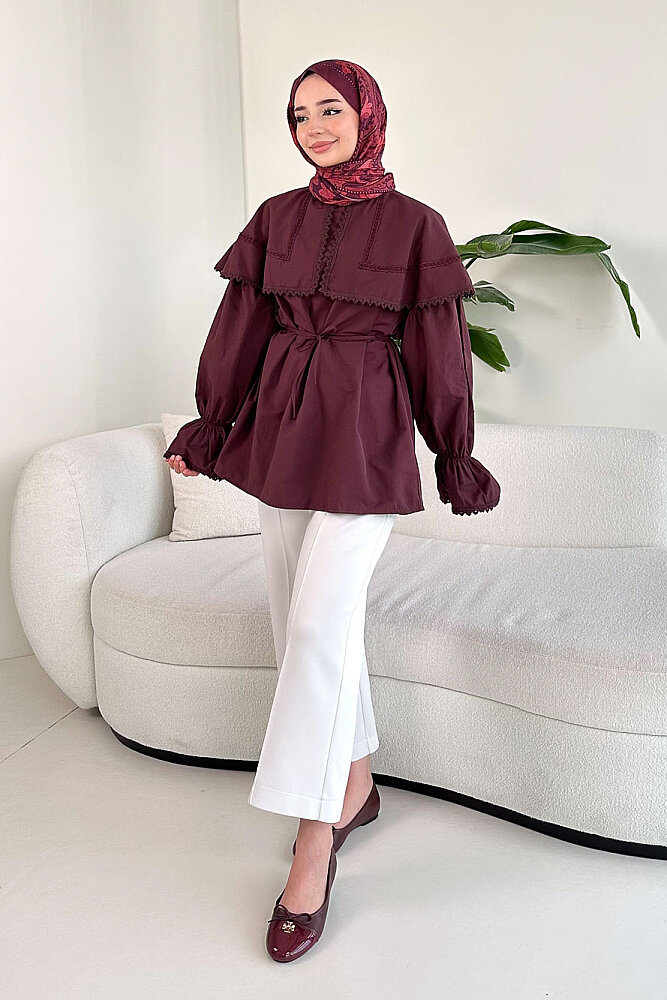 Şal Yaka Dantel Detaylı Gömlek - Bordo - ENMA (0)