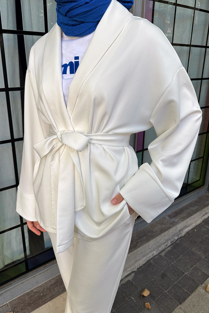 Şal Yaka Kimono Takım - Ekru - HENZA (3)