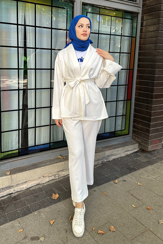 Şal Yaka Kimono Takım - Ekru - HENZA (0)