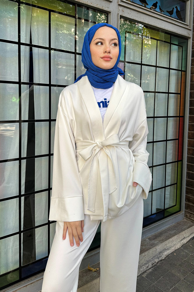 Şal Yaka Kimono Takım - Ekru - HENZA (1)
