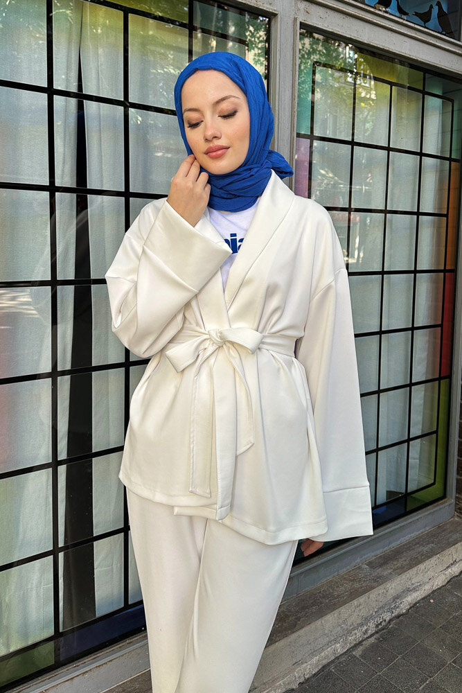 Şal Yaka Kimono Takım - Ekru - HENZA (4)
