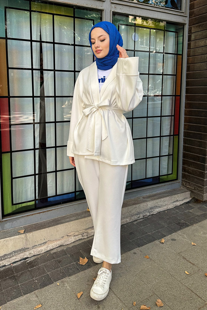 Şal Yaka Kimono Takım - Ekru - HENZA (5)