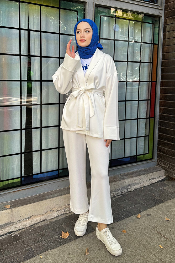 Şal Yaka Kimono Takım - Ekru - 3