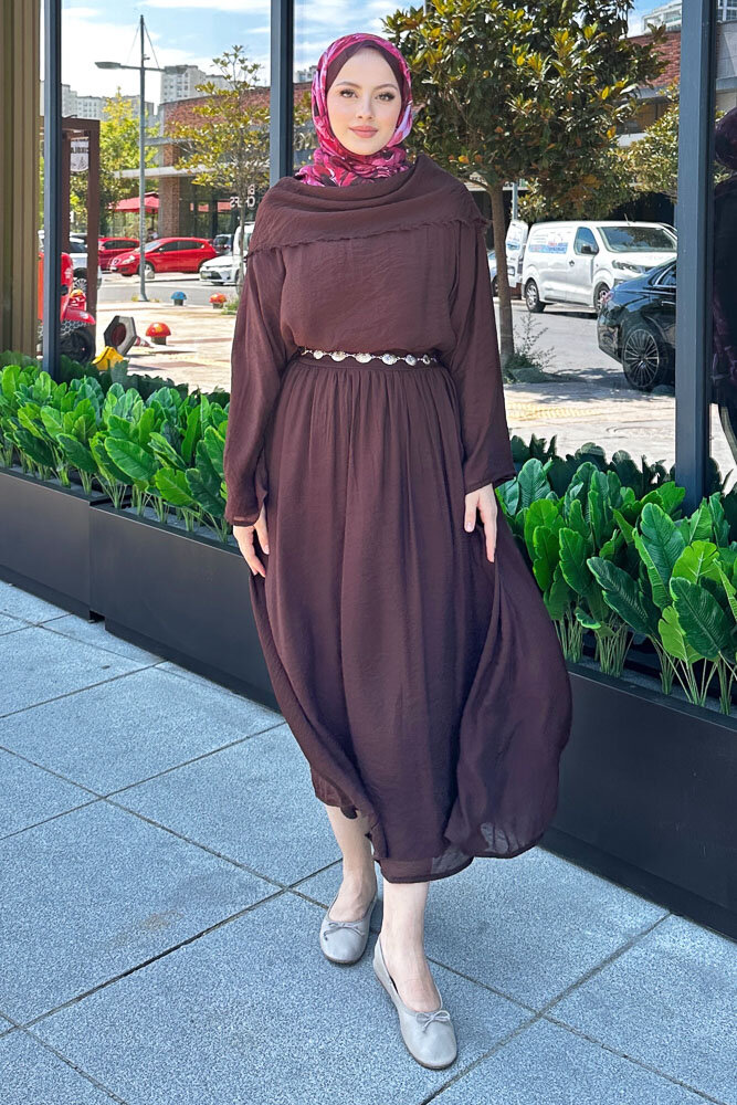 Şal Yaka Tensel Etekli Takım - Kahverengi - HEWES (2)