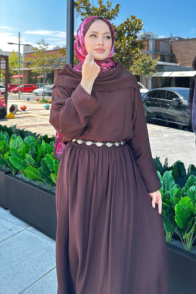 Şal Yaka Tensel Etekli Takım - Kahverengi - HEWES (5)