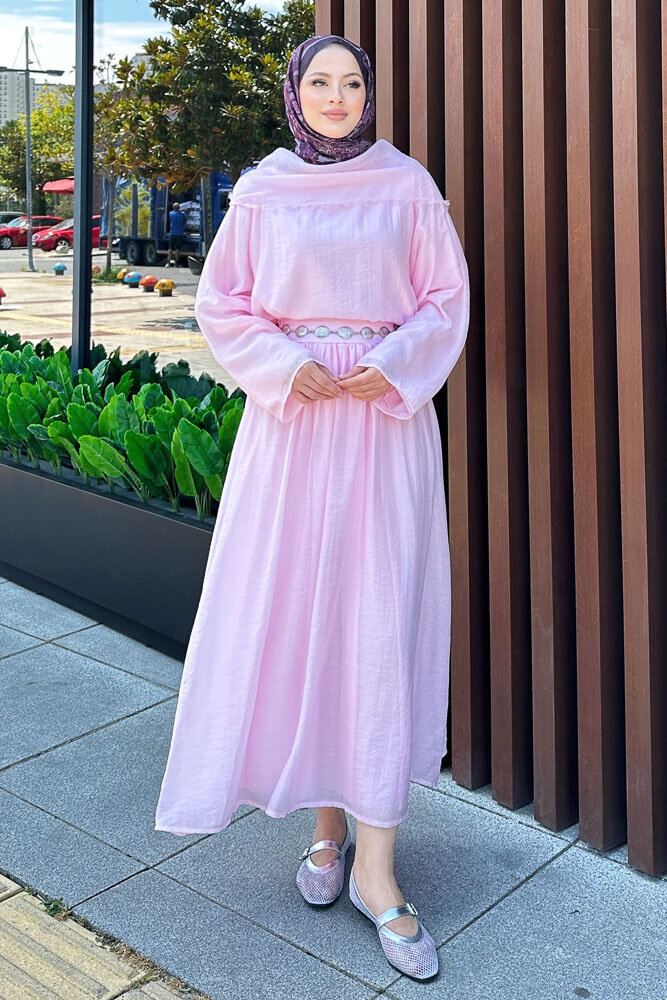 Şal Yaka Tensel Etekli Takım - Pudra - HEWES (1)