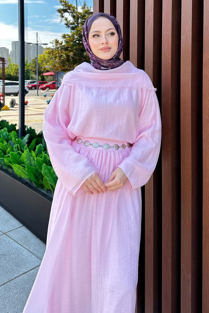 Şal Yaka Tensel Etekli Takım - Pudra - 7