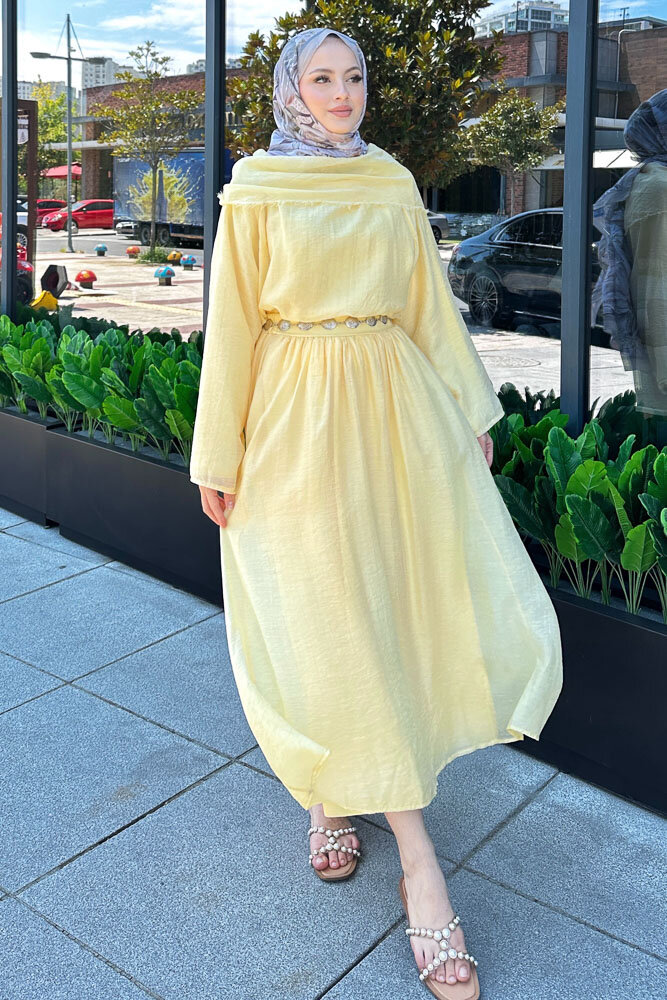 Şal Yaka Tensel Etekli Takım - Sarı - HEWES (2)