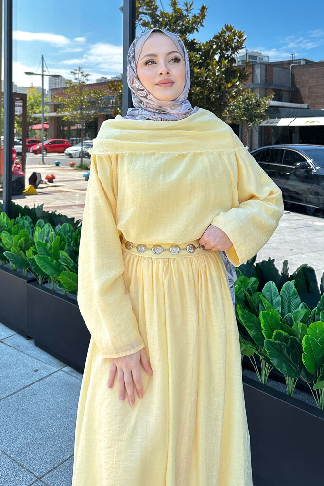 Şal Yaka Tensel Etekli Takım - Sarı - HEWES (5)