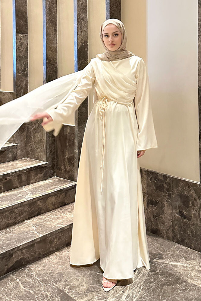 San Remo Saten Abaya - Krem - 5