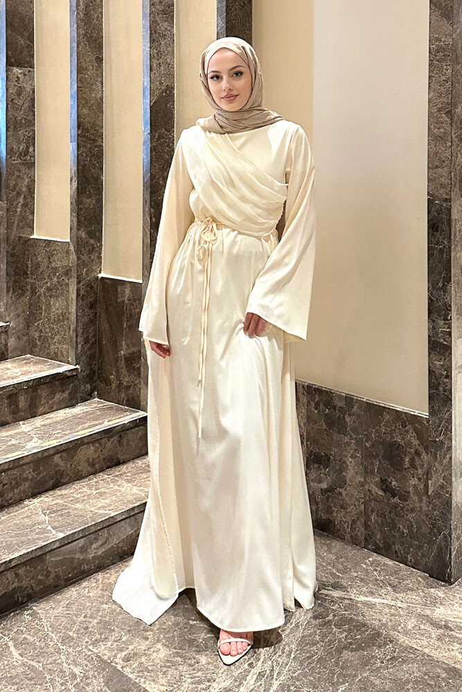 San Remo Saten Abaya - Krem 