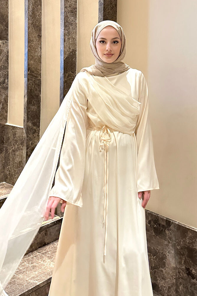 San Remo Saten Abaya - Krem - 6