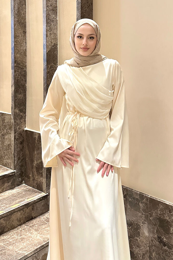 San Remo Saten Abaya - Krem - 8