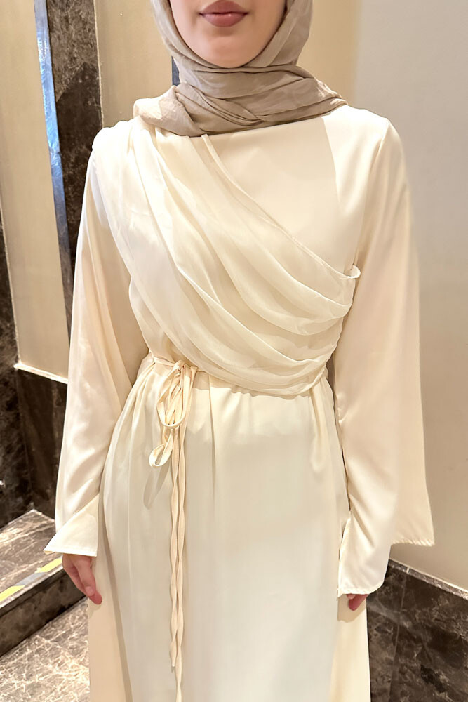 San Remo Saten Abaya - Krem - 4