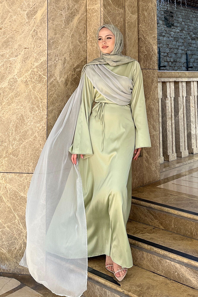 San Remo Saten Abaya - Mint Yeşili 