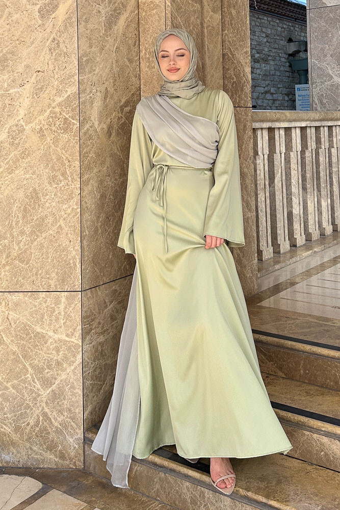 San Remo Saten Abaya - Mint Yeşili - 3