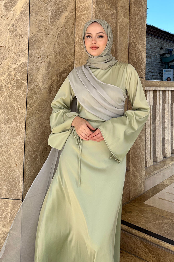 San Remo Saten Abaya - Mint Yeşili - 4