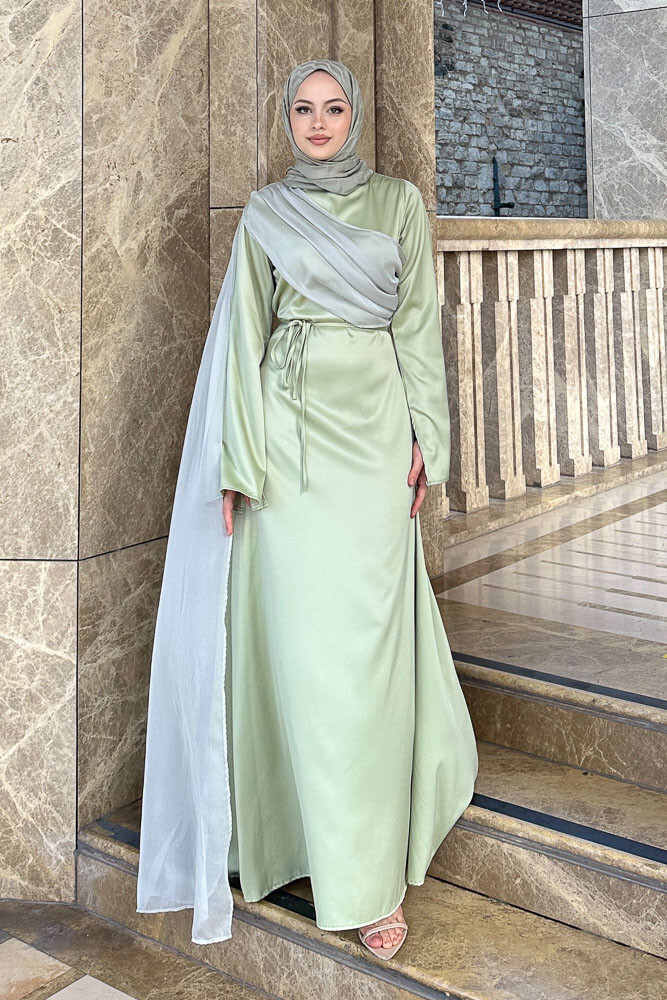San Remo Saten Abaya - Mint Yeşili - 8