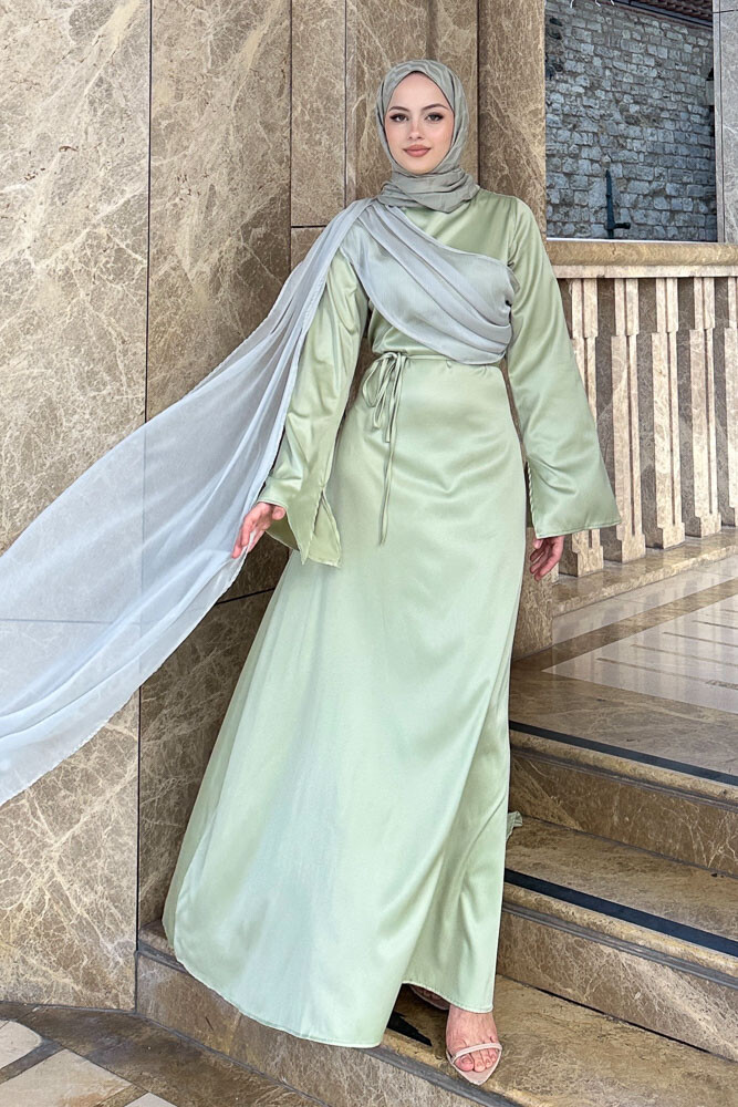 San Remo Saten Abaya - Mint Yeşili - 7