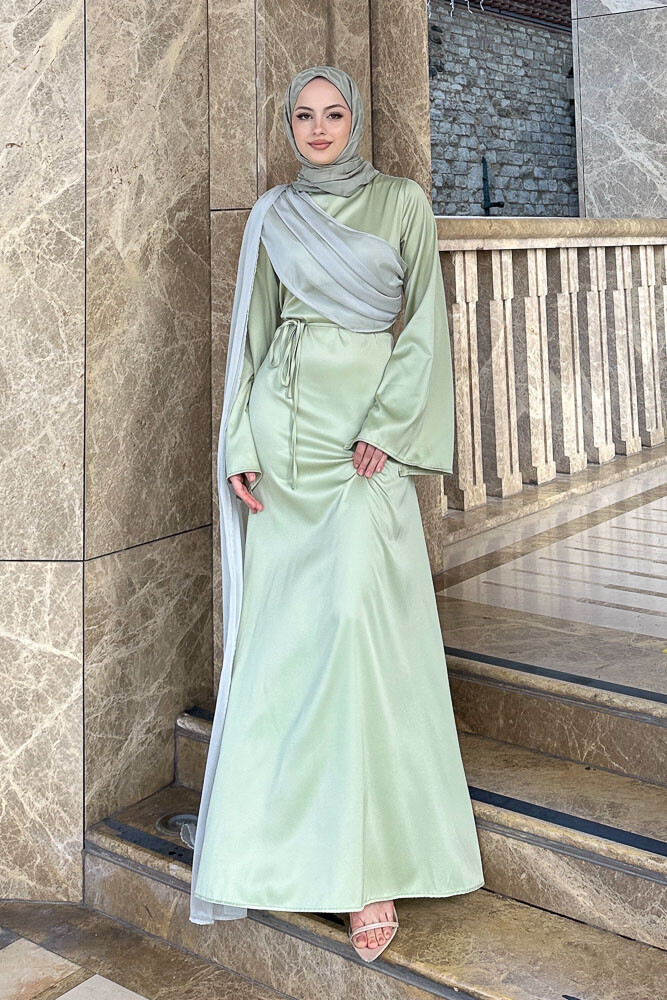 San Remo Saten Abaya - Mint Yeşili - 6