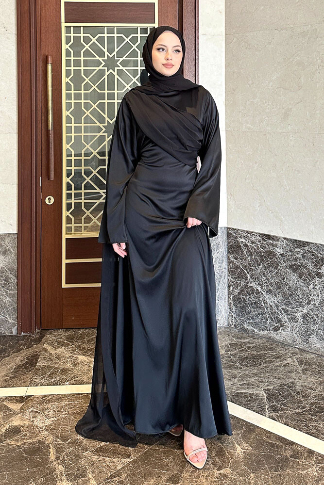 San Remo Saten Abaya - Siyah 