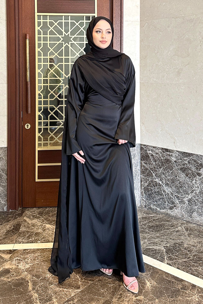 San Remo Saten Abaya - Siyah - 8