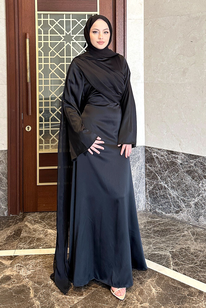 San Remo Saten Abaya - Siyah - 5