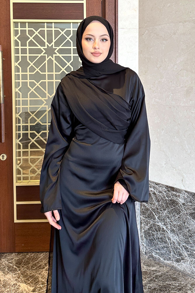San Remo Saten Abaya - Siyah - 6