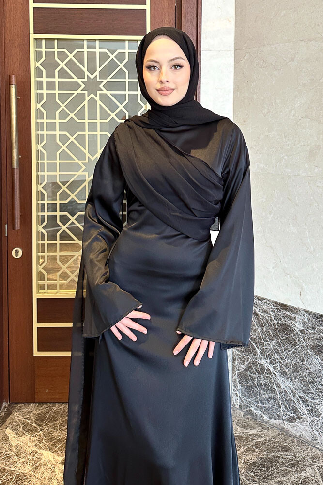 San Remo Saten Abaya - Siyah - 3