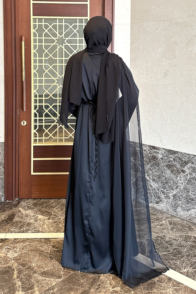 San Remo Saten Abaya - Siyah - 4