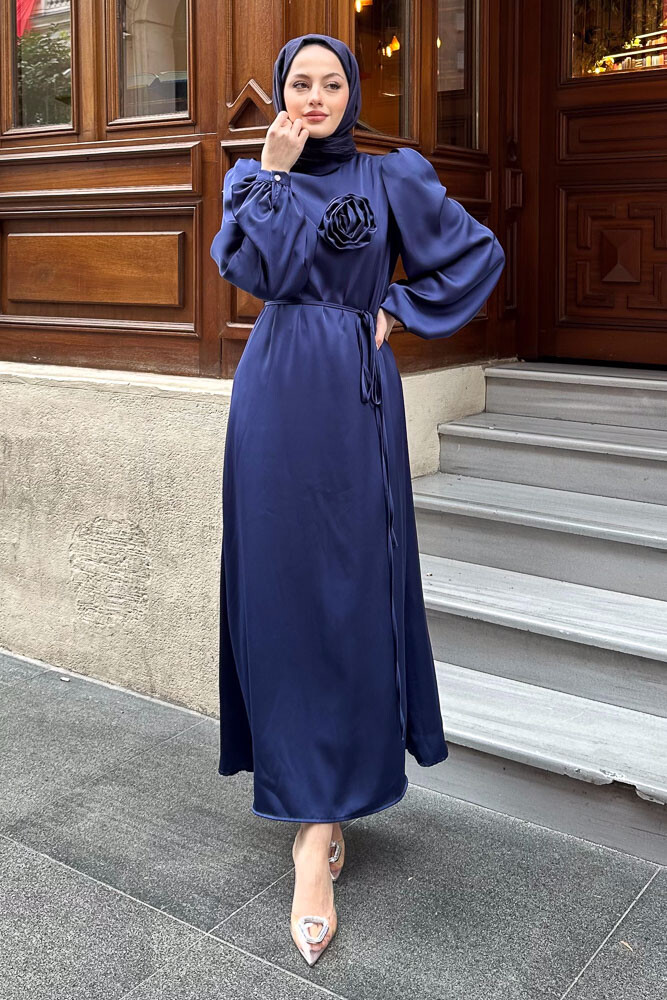 Saten Çiçek Detaylı Elbise - Lacivert - HENZA (4)