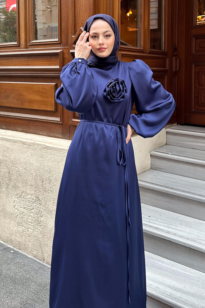 Saten Çiçek Detaylı Elbise - Lacivert - HENZA (5)