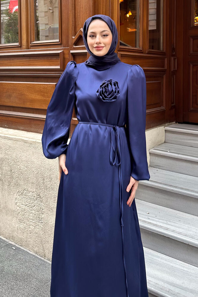 Saten Çiçek Detaylı Elbise - Lacivert - HENZA (2)