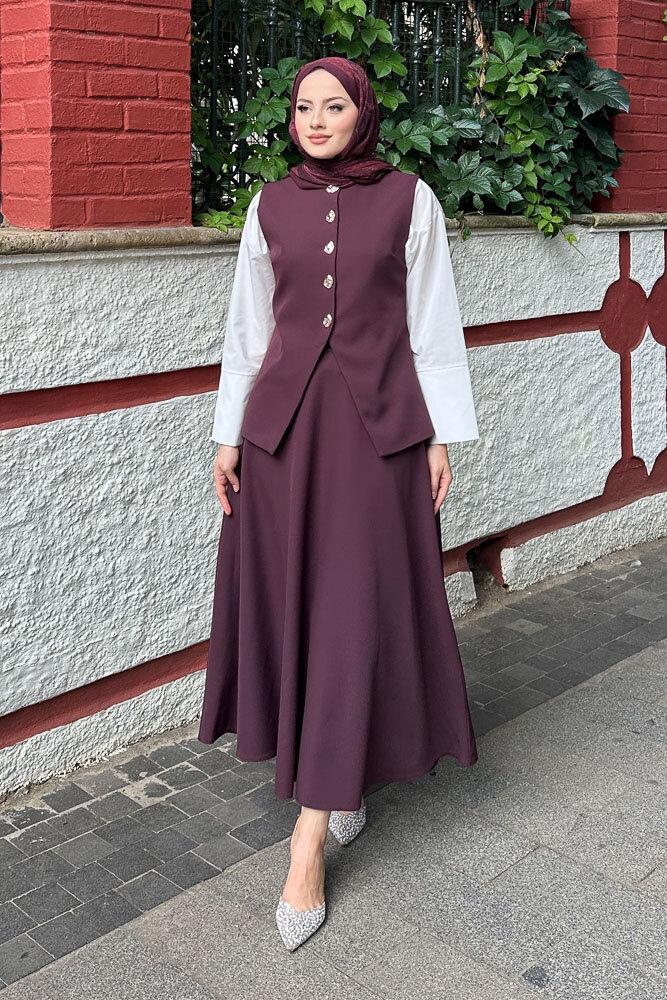 Sean Düğmeli Yelekli Takım - Bordo - 4