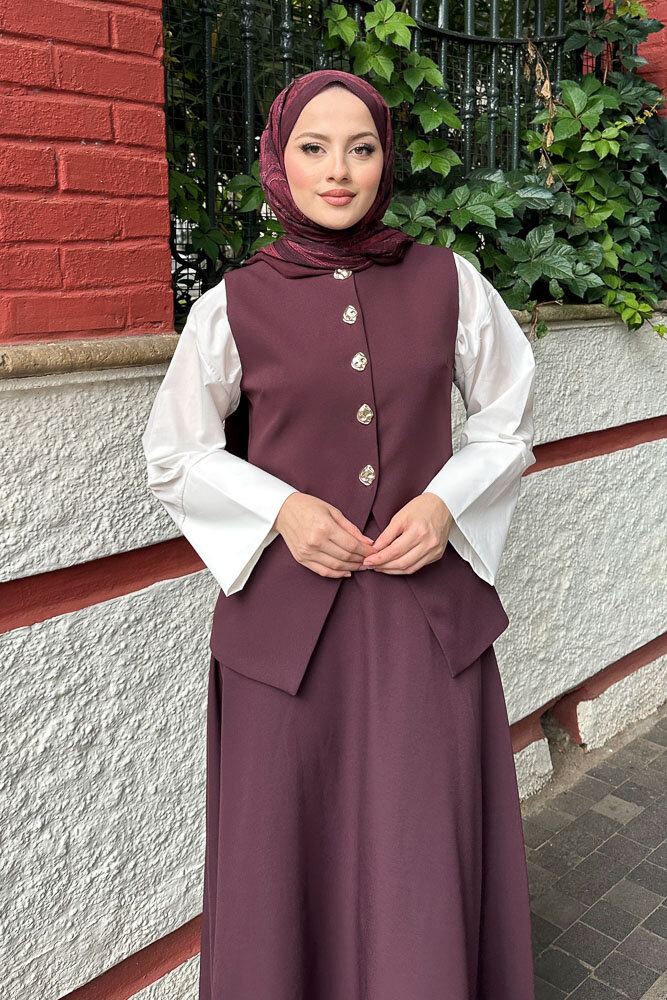 Sean Düğmeli Yelekli Takım - Bordo - 6