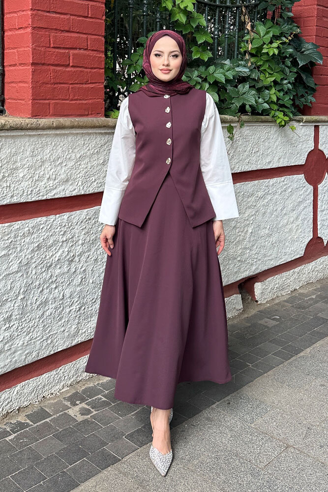 Sean Düğmeli Yelekli Takım - Bordo 